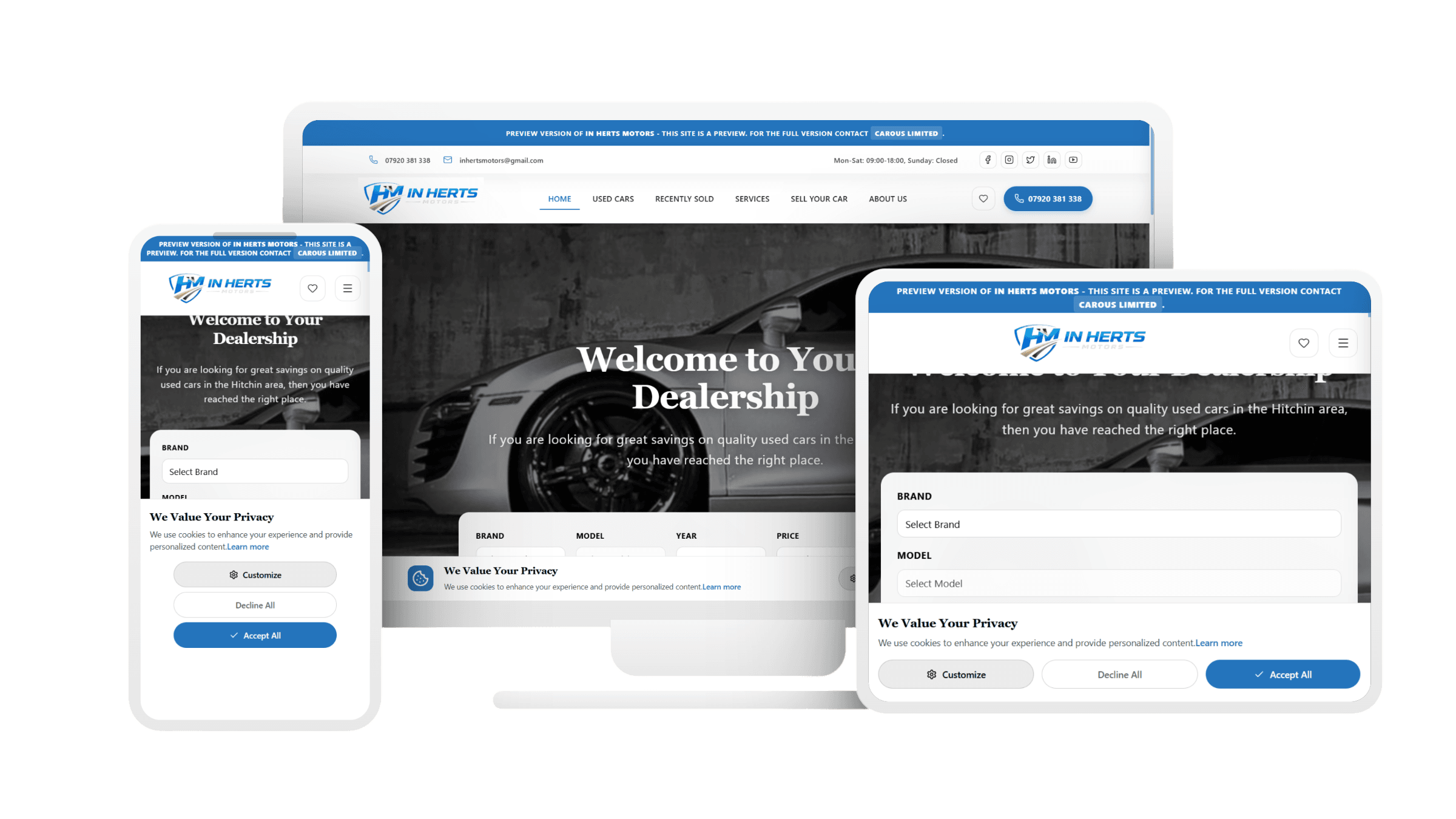 Dealer website by Carous shown across desktop, tablet and mobile