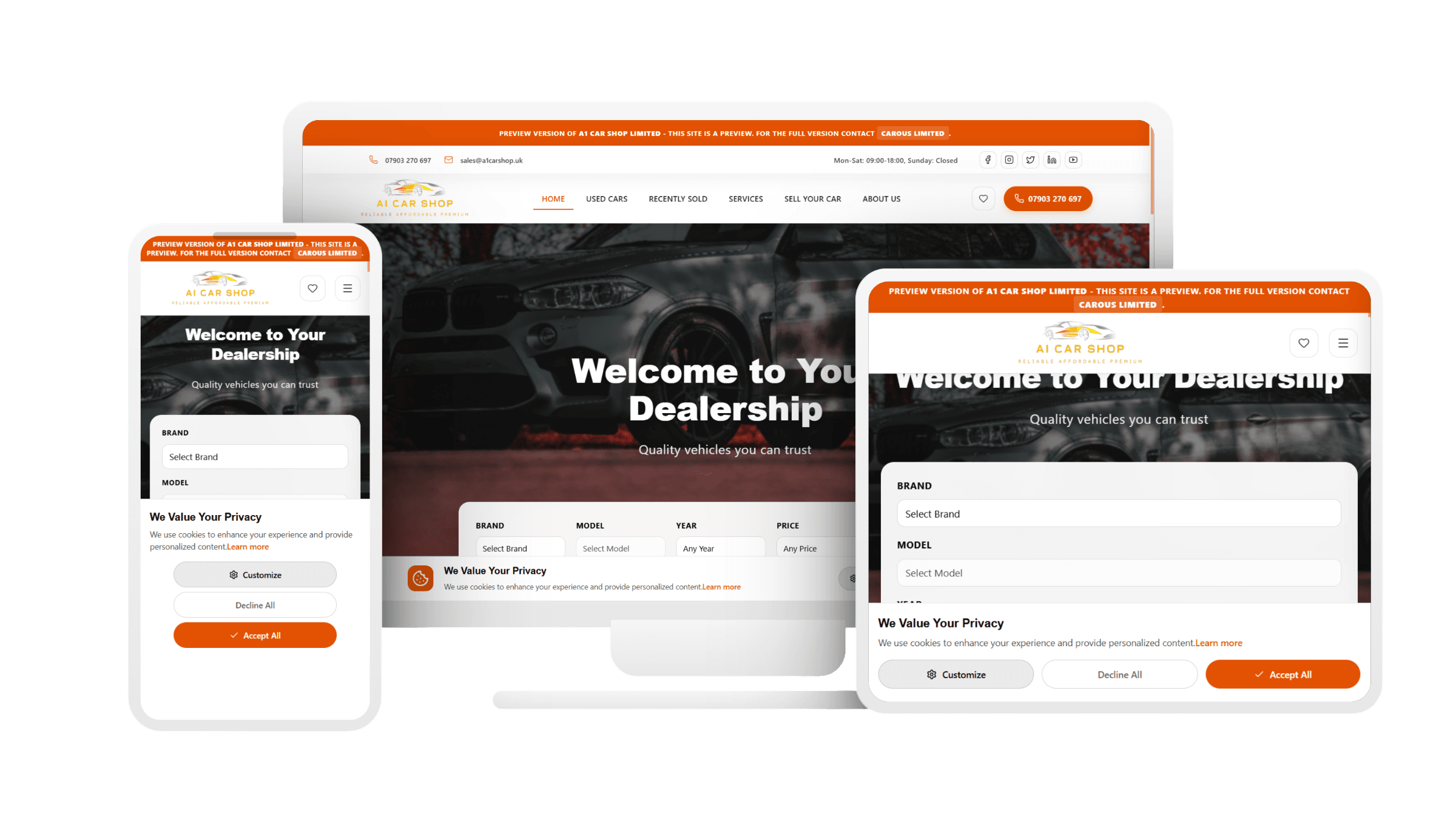 Dealer website by Carous shown across desktop, tablet and mobile